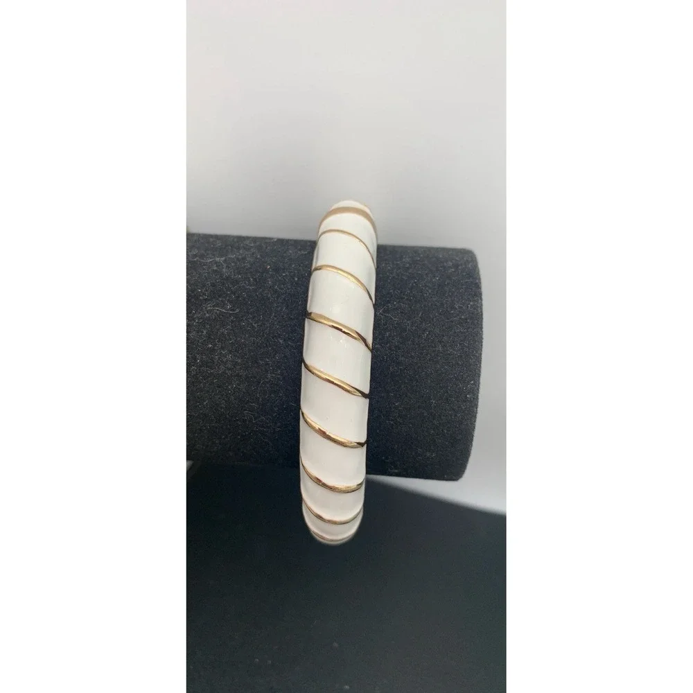 Gold Tone And White Enamel Hinged Clamper Bangle Bracelet